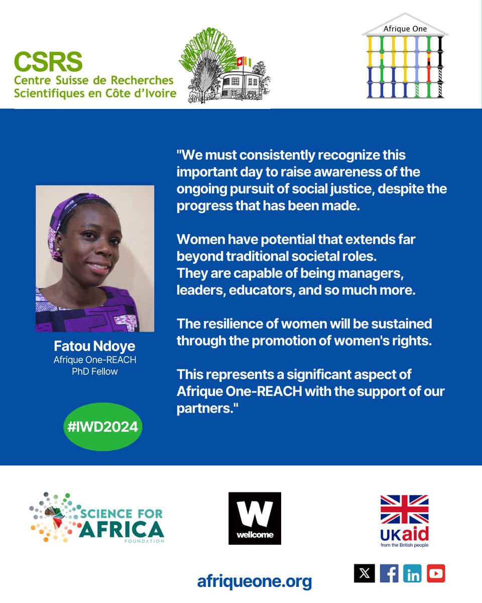 AfriqueOneREACH's tweet photo. As we celebrate #InternationalWomensDay , our #women fellows share their thoughts about the capacities of women to be leaders in #science and how they should be supported and encouraged. 
#IWD2024 #WomensDay #FromScienceToImpact #OneHealth https://t.co/f9AUVuDrmD