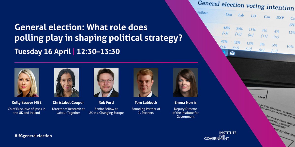 EVENT: What role does polling play in shaping political strategy? Join us and @UKandEU on Tuesday 16 April to explore how polling informs parties’ election strategies and public voting decisions with @KellyIpsosUK @ChristabelCoops @robfordmancs @tmlbk instituteforgovernment.org.uk/event/general-…