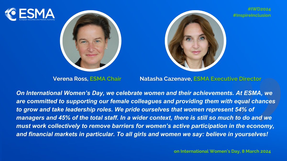 On #InternationalWomensDay, we celebrate women and their achievements. The world of financial markets is wide open for women to make their mark. At #ESMA, they represent 54% of managers and 45% of the staff. 

Together we can do so much more. #InspireInclusion #IWD2024