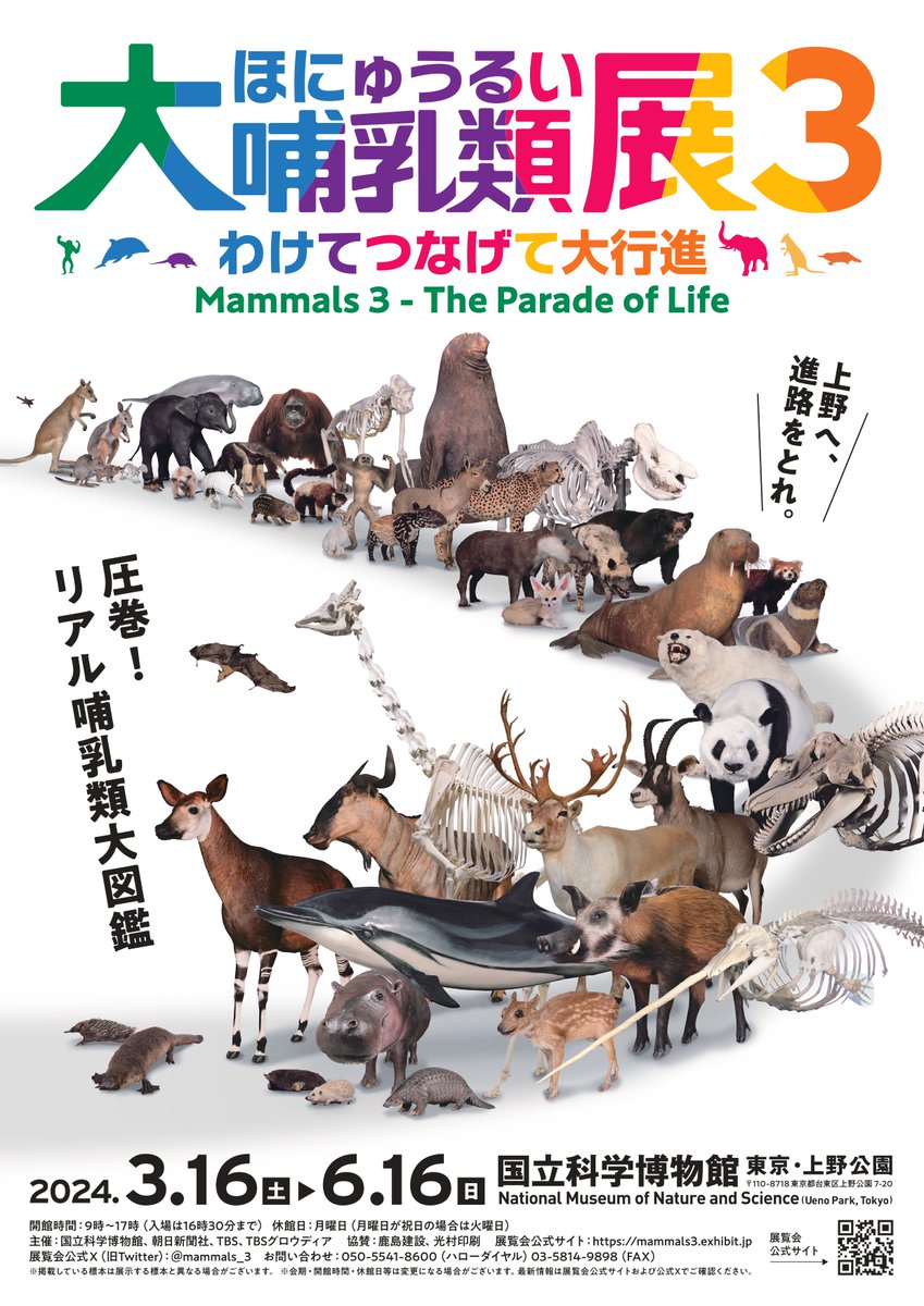 〓〓〓〓〓〓〓
🦔開催予告🐋
〓〓〓〓〓〓〓

2019年の特別展「大哺乳類展２」から5年…
大哺乳類展が再び上野に帰ってきます！

◤　特別展「大哺乳類展３　◥
◣－わけてつなげて大行進」◢

会期：2024年3月16日(土)～6月16日(日)
会場：#国立科学博物館(東京・上野公園)
mammals3.exhibit.jp