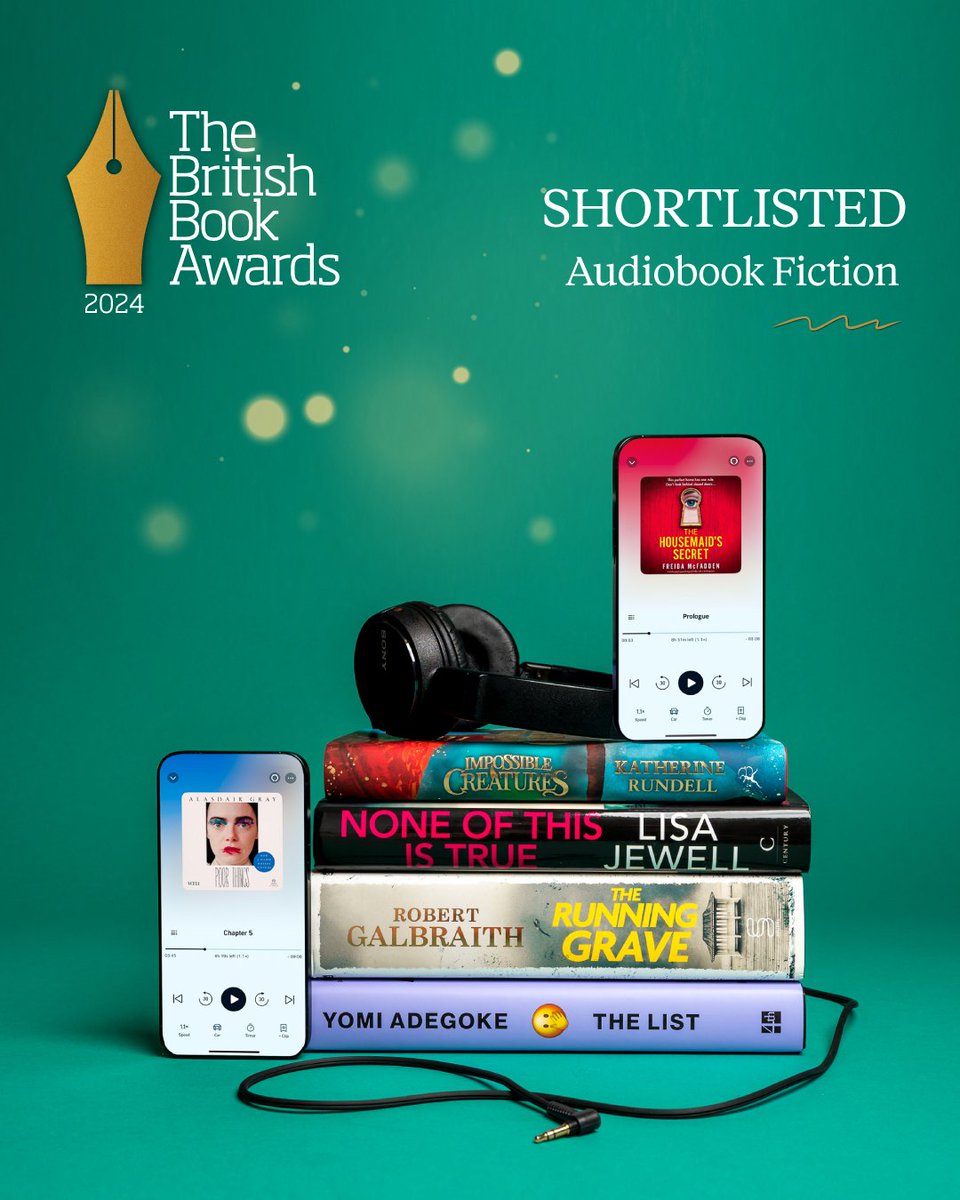 Shortlisted for Audiobook Fiction are titles by @yomiadegoke, @RGalbraith, Alasdair Gray, @lisajewelluk, @Freida_McFadden and Katherine Rundell 🤩 Discover the lists: bit.ly/48Fq49T #Nibbies #BritishBookAwards