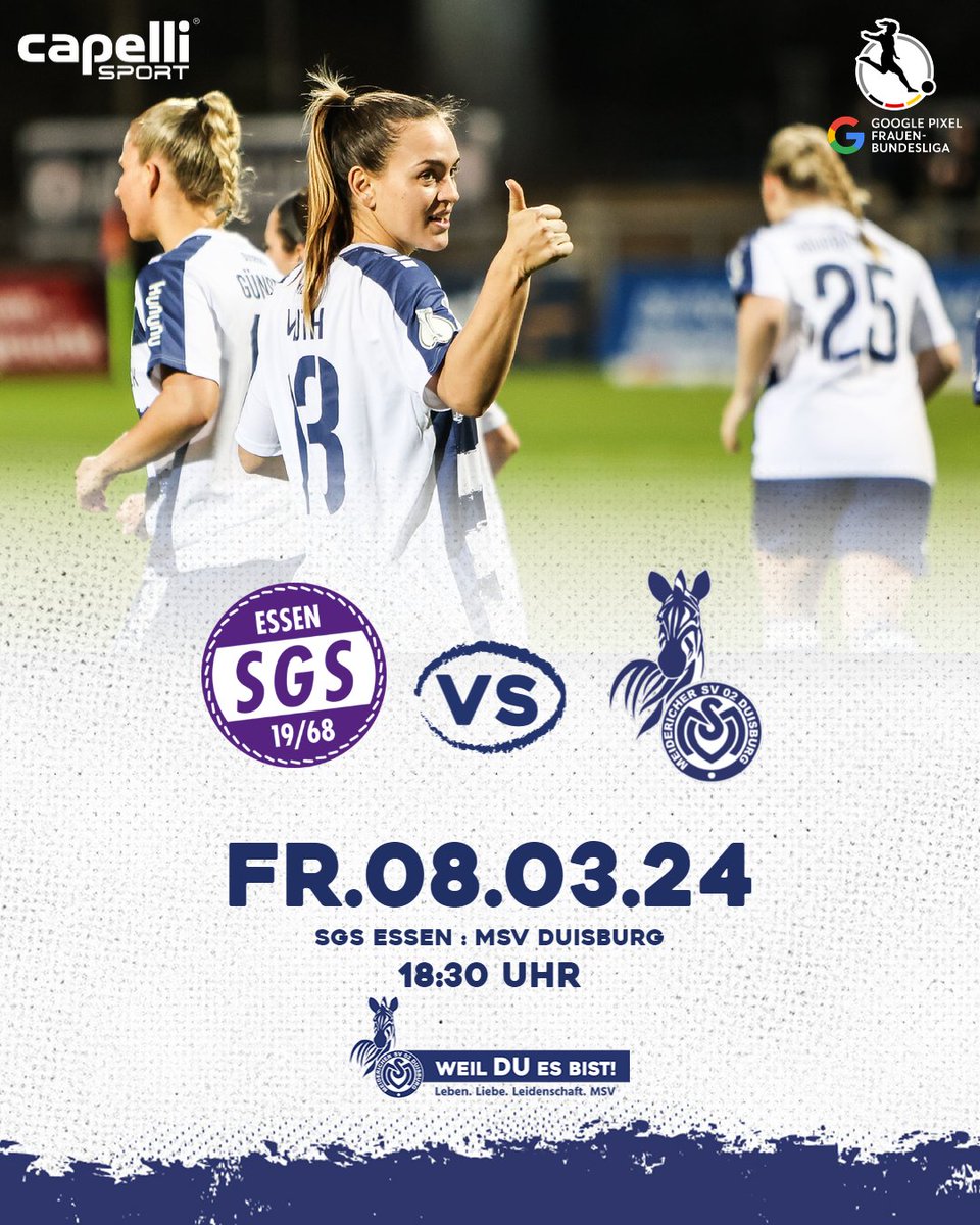 MSVDuisburg's tweet photo. Freitagabend- Derbyzeit! 🤩

🆚 SGS Essen 
🕡 18:30 Uhr
🏟️ Stadion an der Hafenstraße
🎟️  https://t.co/oRz1H0XaZc
🌤️ 13 Grad

#WeilDUesBist #SGSMSV #dieliga https://t.co/QlekOuckoy