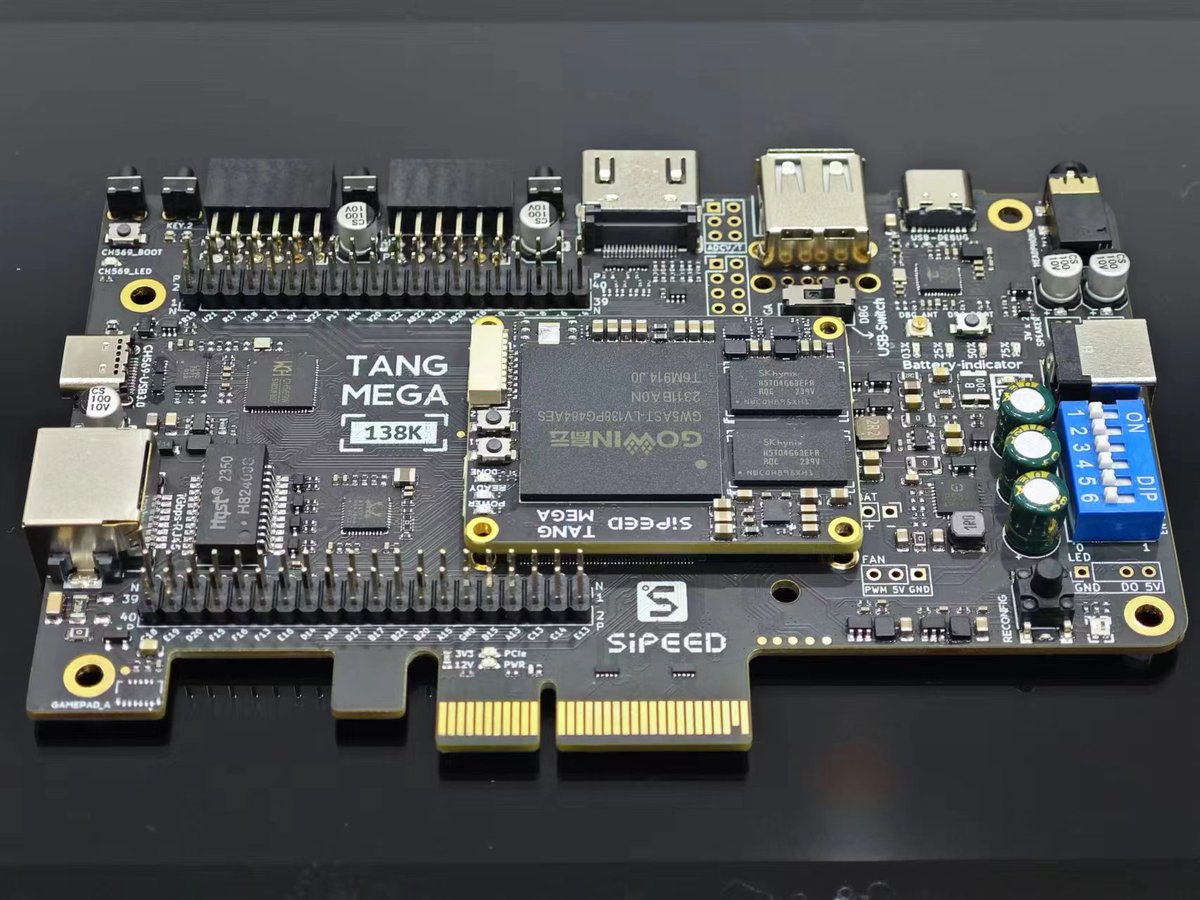 SipeedIO's tweet photo. New #FPGA Tang Mega 138K coming~ 
Smaller and cheaper than Tang Mega 138K Pro, while 
add CH569 USB3 bridge chip, support dual 40P connectors(for SDRAM/GBA Slot/SDR), dual-PMOD~
Maybe it is time to play #RetroGame &amp; #DMA ? https://t.co/WdJBHJUz9g