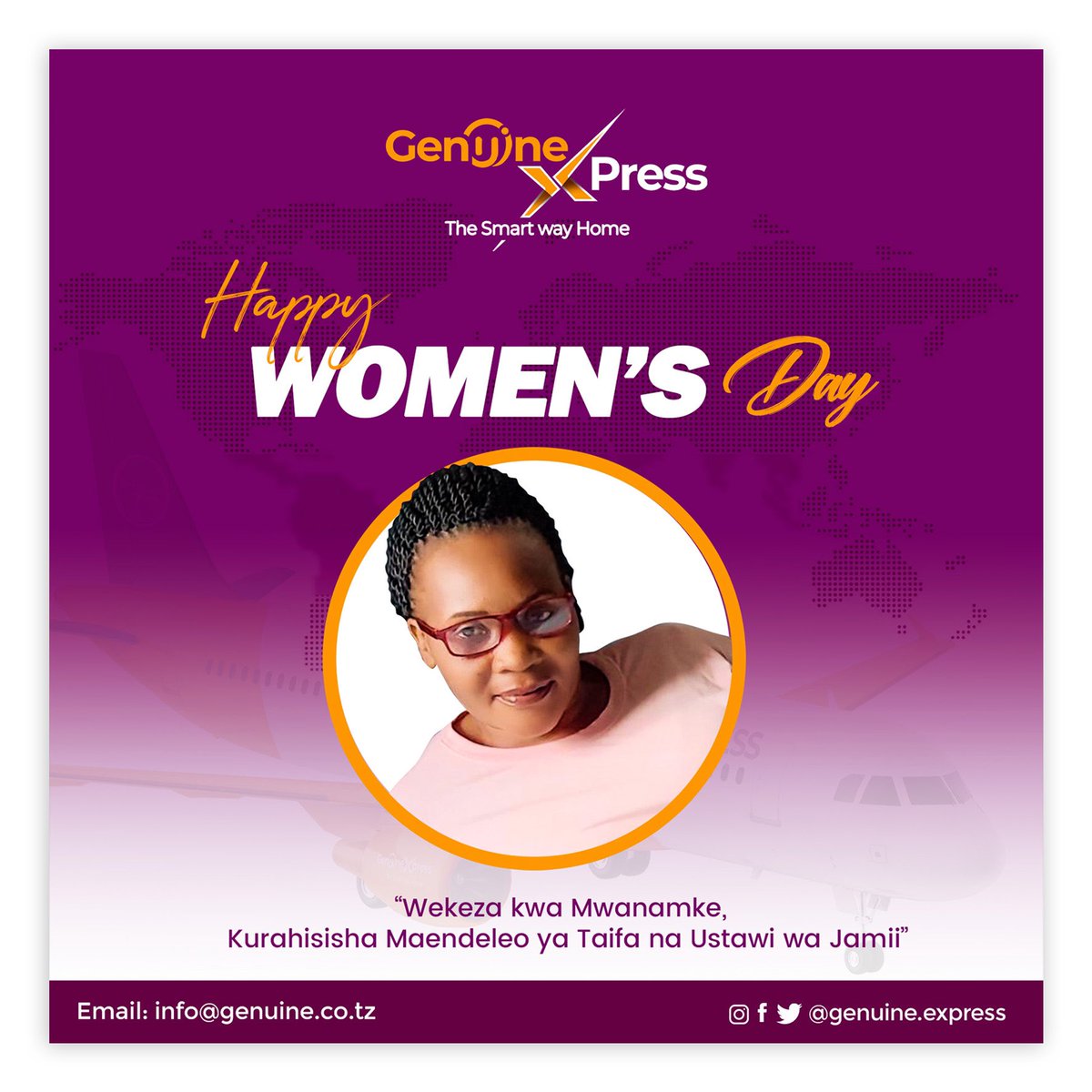 Genuine_Express's tweet photo. 8th March, Happy Women’s Day

“Wekeza kwa Mwanamke, Kurahisisha Maendeleo ya Taifa na Ustawi wa Jamii”
.
#HappyWomensDay 
#GenuineExpress #TheSmartWayHome https://t.co/khqIvmhzIX