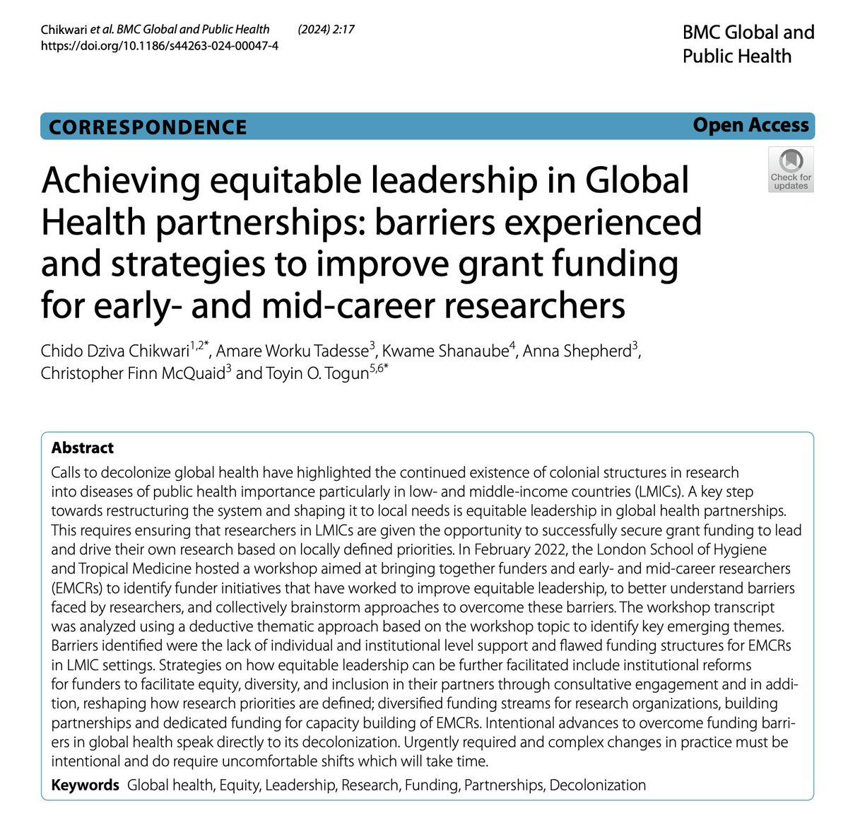 🌟Delighted to share this new paper by @LSHTM_TB🌟. We report our findings from a multi-stakeholder #DecolonisingGlobalHealth workshop on achieving equitable leadership in #GlobalHealth partnerships. @CFMcQuaid @chidodc. To download the full article👉: rdcu.be/dADud