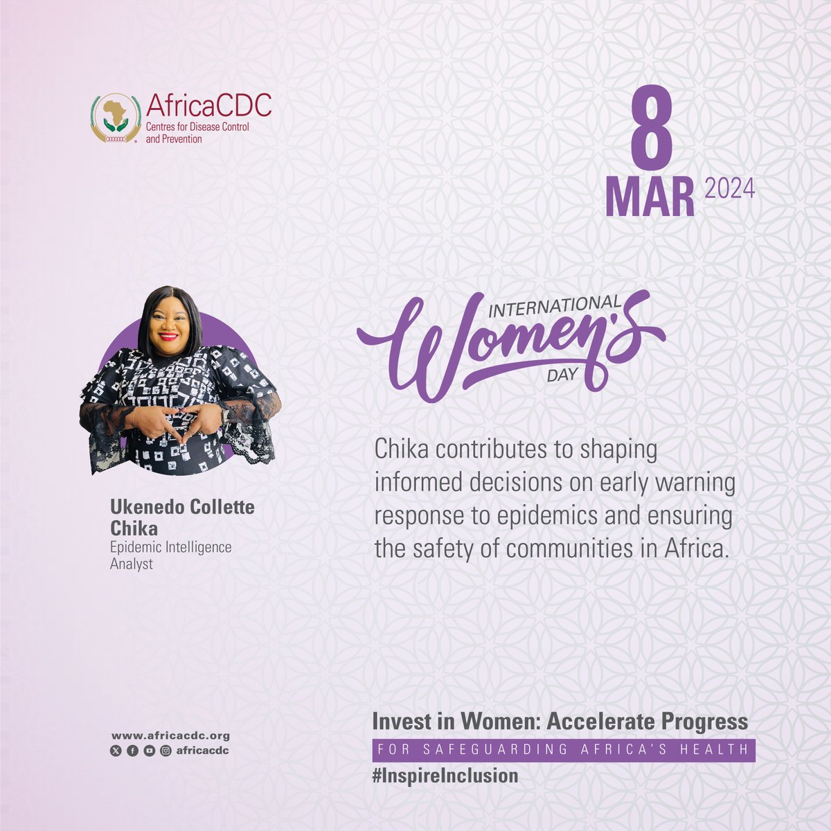 AfricaCDC's tweet image. Today, Africa CDC celebrates #IWD themed "Invest in Women: Accelerate Progress".🎉
Meet women like Drs Judith, Chika and Joy, whose hard work at Africa CDC is instrumental in delivering the New Public Health Order.
#InvestInWomen #AccelerateProgress #InspireInclusion
