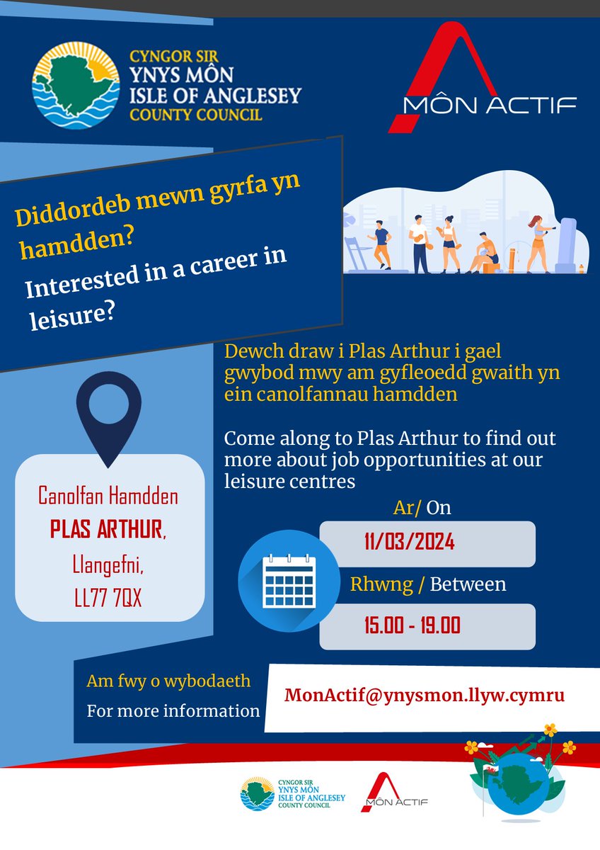 📣 Interested in a career in leisure? Come along to Plas Arthur to find out more about job opportunities at our leisure centres 📍 Plas Arthur Leisure Centre 📅 Monday, 11/03/2024 ⌚️ 15.00-19.00 @angleseycouncil @MonCFAnglesey @ColegMenai @YGyfunLlangefni