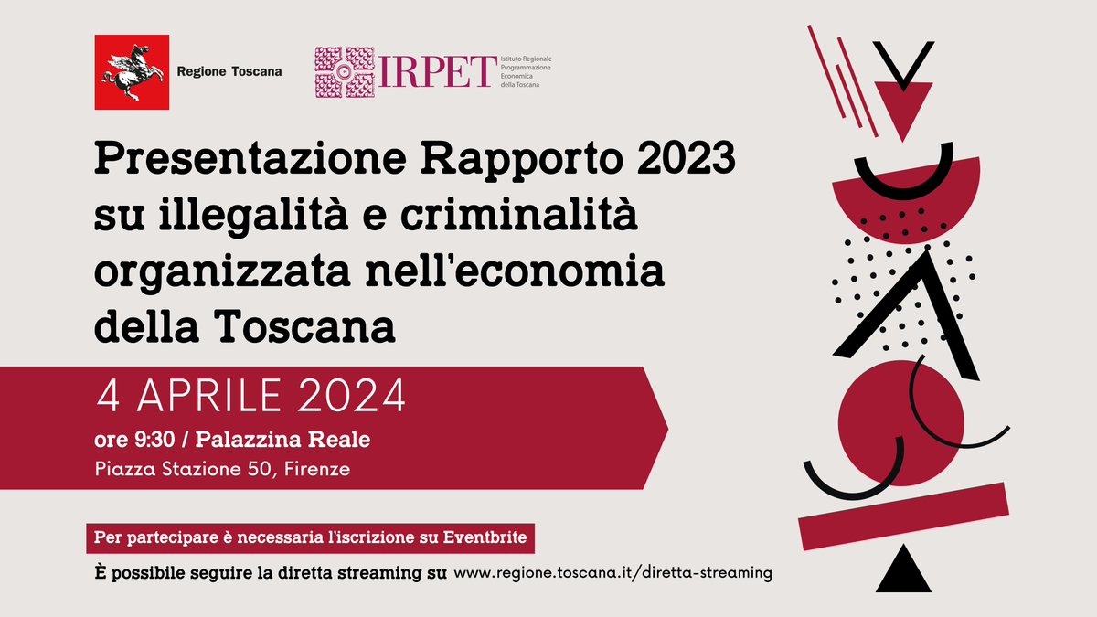 Giovedì 4 aprile, presso la Palazzina Reale a Firenze si terrà la presentazione del Rapporto 2023 su illegalità e criminalità organizzata nell'economia della Toscana. 👉Il programma e il modulo per iscriversi all'evento sono disponibili qui: regione.toscana.it/-/presentazion…