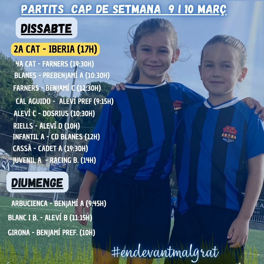 🔵⚫️ ℙ𝔸ℝ𝕋𝕀𝕋𝕊 ℂ𝔸ℙ 𝔻𝔼 𝕊𝔼𝕋𝕄𝔸ℕ𝔸 ⚫️🔵

Per aquí uns deixem els horaris dels nostres equips per aquest cap de setmana, anem a disfrutar del que més ens agrada, fer-la rodar…⚽️⚽️⚽️

#cdmalgrat #fcf #futbolbase #futbolamateur #malgratdemar #endevantmalgrat💙🖤