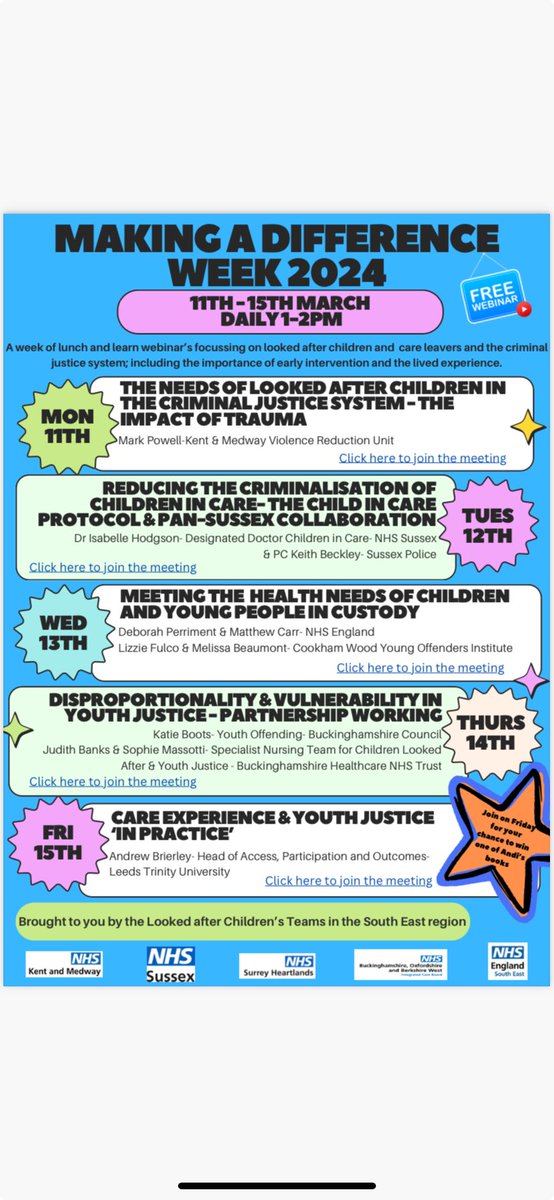 Making A Difference Week in SE region 11-15th March. Webinars focusing on Looked After Children and Care Leavers in relation to the criminal justice system
