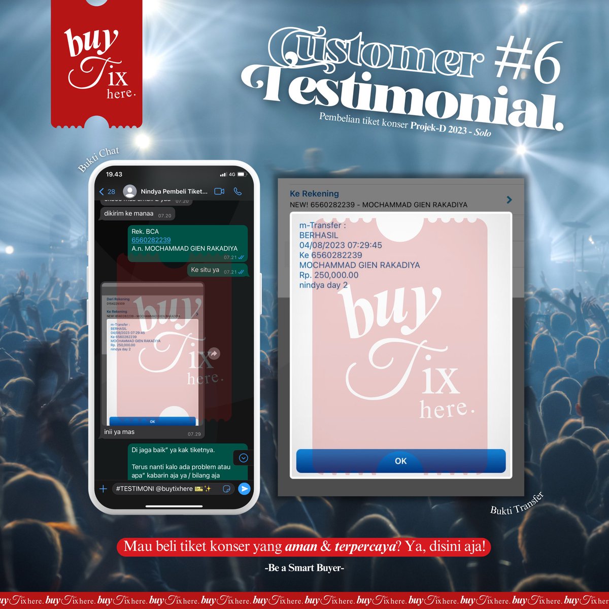 buytixhere's tweet photo. 𝗖𝘂𝘀𝘁𝗼𝗺𝗲𝗿 𝗧𝗲𝘀𝘁𝗶𝗺𝗼𝗻𝗶𝗮𝗹 #6

Terimakasih telah percaya untuk membeli tiket konser “Projek-D vol.2 2023” di 𝗕𝘂𝘆 𝗧𝗶𝘅 𝗛𝗲𝗿𝗲 🎫✨

“BE A SMART BUYER”

#buytixhere
#testimonial 
#tiketkonser
#zonauang https://t.co/XejsWDSUZ2