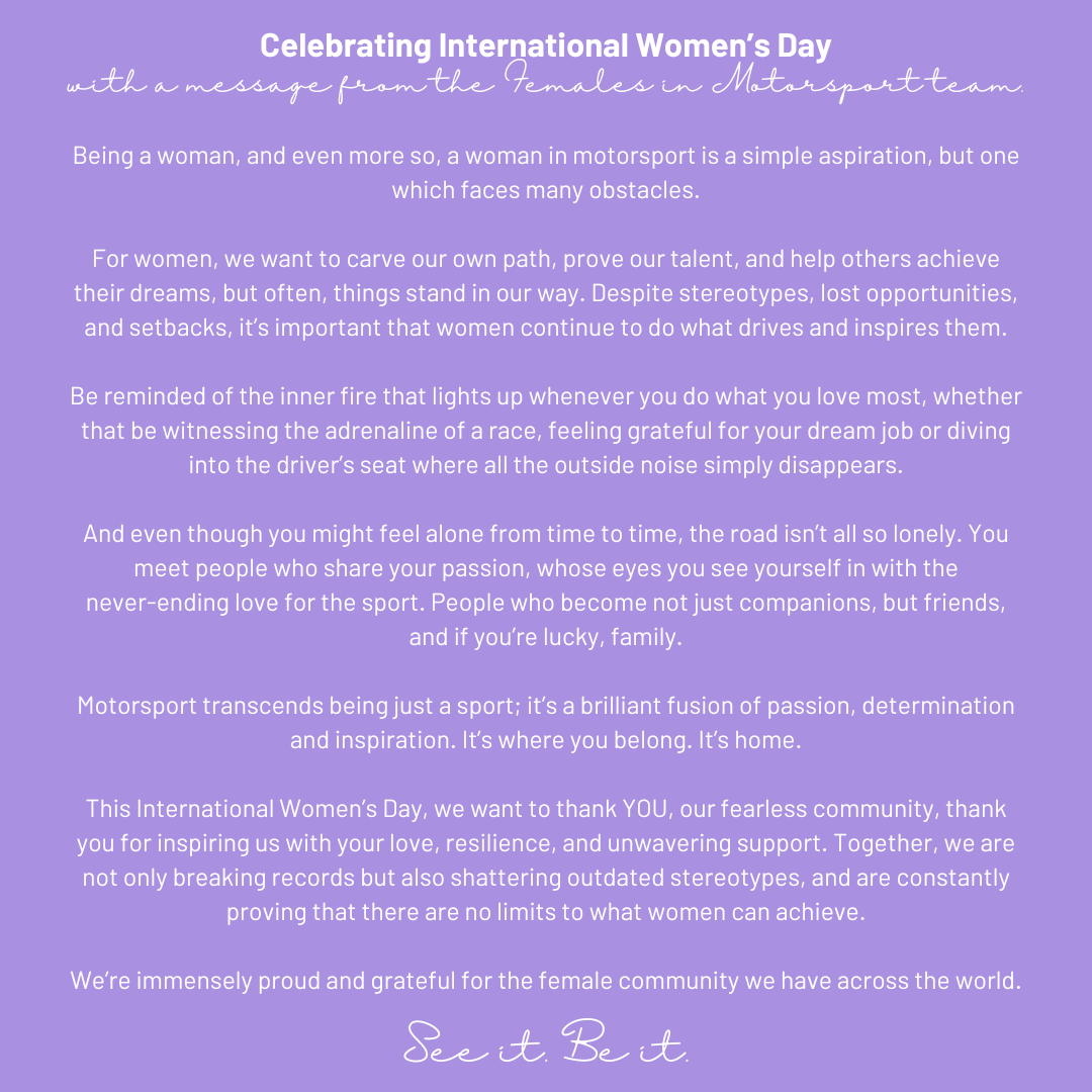 Today at Females in Motorsport, we’re celebrating International Women's Day 💜  

#WomenInMotorsport #IWD