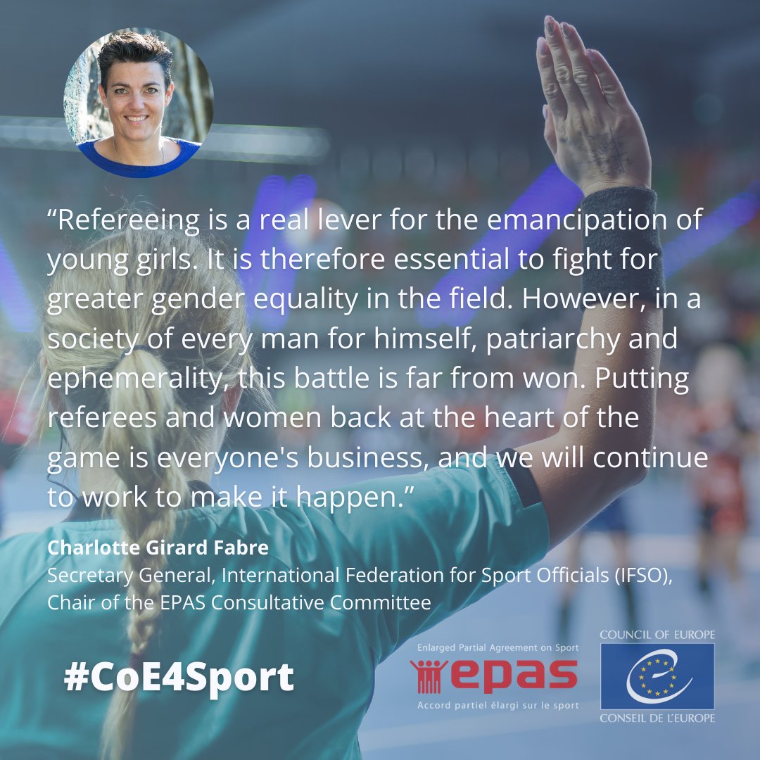 Putting referees and women back at the heart of the game – @Charlotte_G_F, Secretary General of @IFSOfficials & Chair of the EPAS Consultative Committee, on 'Officiating and women: heralding a new era' Breakfast Roundtable on Sport officiating and gender equality #CoE4Sport