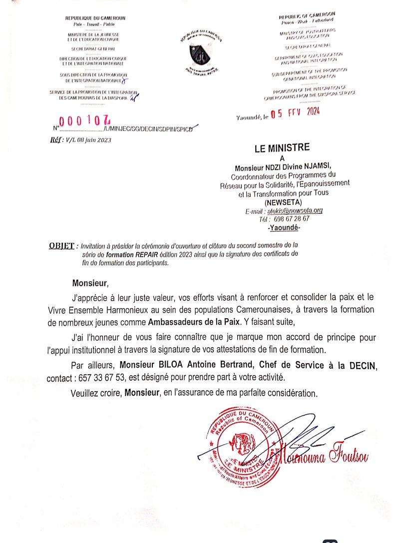 NNjamsi's tweet photo. Tout en remerciant mon organisation @NewSETA pour la plateforme, voici une lettre du Ministre de la Jeunesse et de l'Education Civique du Cameroun 🇨🇲 qui me félicite dans mon effort de la formation des jeunes ambassadeurs de la paix au Cameroun. 
@CRbuildpeace 
@ProfNawangwe https://t.co/3WH9xbHPTr