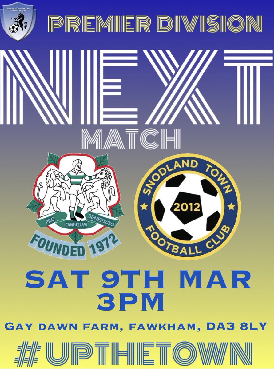 Snodland Town FC (@snodlandtownfc) on Twitter photo UP NEXT ⚽️
After two home postponements we are back on the road TOMORROW when we travel to Fawkham to face high flying <a href="/CorinthianFC/">Corinthian FC</a> in what will be a massive test for “THE TOWN”
Let’s see all you travelling townies there to support the lads.
<a href="/SCEFLeague/">Presence & Co. SCEFL League</a>
#UPTHETOWN 💛💙 UP NEXT ⚽️
After two home postponements we are back on the road TOMORROW when we travel to Fawkham to face high flying <a href="/CorinthianFC/">Corinthian FC</a> in what will be a massive test for “THE TOWN”
Let’s see all you travelling townies there to support the lads.
<a href="/SCEFLeague/">Presence & Co. SCEFL League</a>
#UPTHETOWN 💛💙