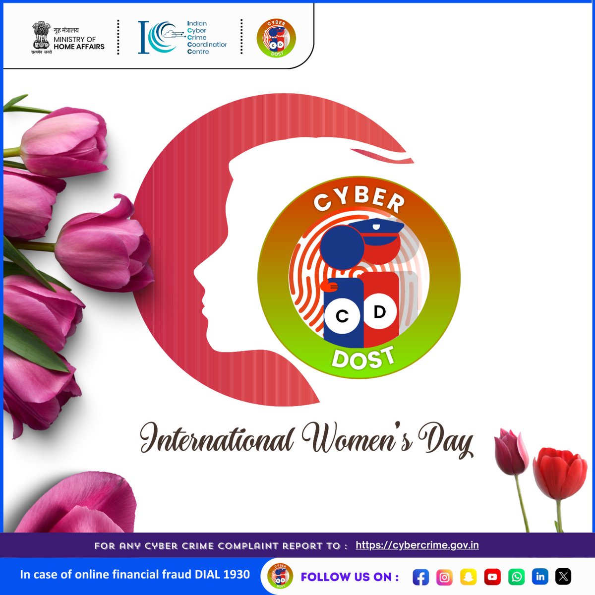 On #InternationalWomensDay, let's empower women against cybercrime!
 From online harassment to identity theft, let's raise awareness and support women in staying safe online.
#I4C #MHA #CyberCrimeAwareness #EmpowerWomen #IWD2024