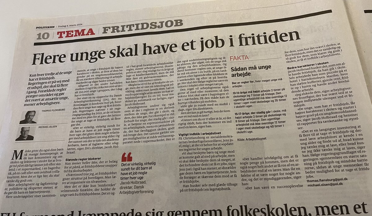 JabBay's tweet photo. Dagens @politiken har et vigtigt tema om fritidsjob👍🏼 med nyt udspil fra @Dansk_Arbgiver🍀 Vi skal have flere unge i fritidsjob - det giver selvtillid, bedre karakterer, bedre overgang til udd. og bedre fodfæste på arbejdsmarkedet😊🍀#uddpol #arbejde #skolechat https://t.co/WnFBXQV0UW