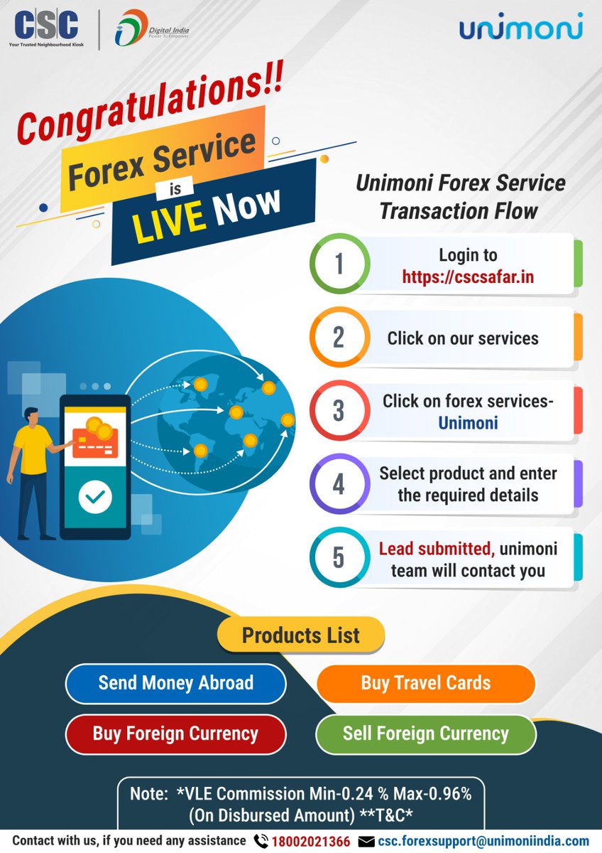 Attention!! CSC Unimoni Forex Services are now LIVE. This presents an excellent opportunity to earn substantial commissions. Available products includes: 1. Send money abroad. 2. Buy travel cards. 3. Buy foreign currency. 4. Sell foreign currency. #cscsafar #unimoni