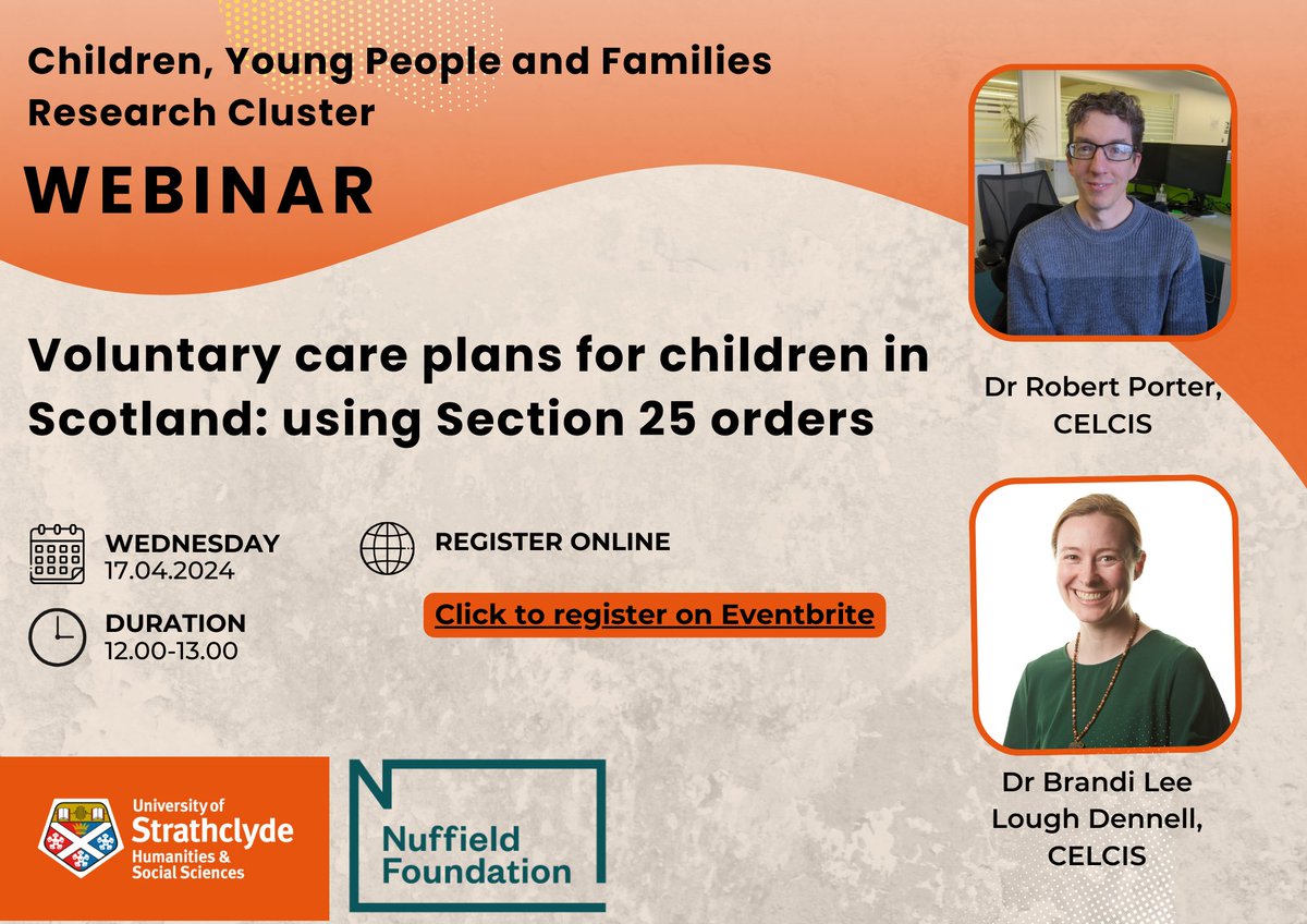 📢Free webinar 🌐Voluntary Care Arrangements for Children in Scotland: Using Section 25 Orders 📆April 17th, 12-1pm 🖥️Register: rb.gy/kny70c Open to all practitioners, academics, carers and others. More info below 👇🏽 @StrathSWSPKE @BobBPorter @BLLoughDennell