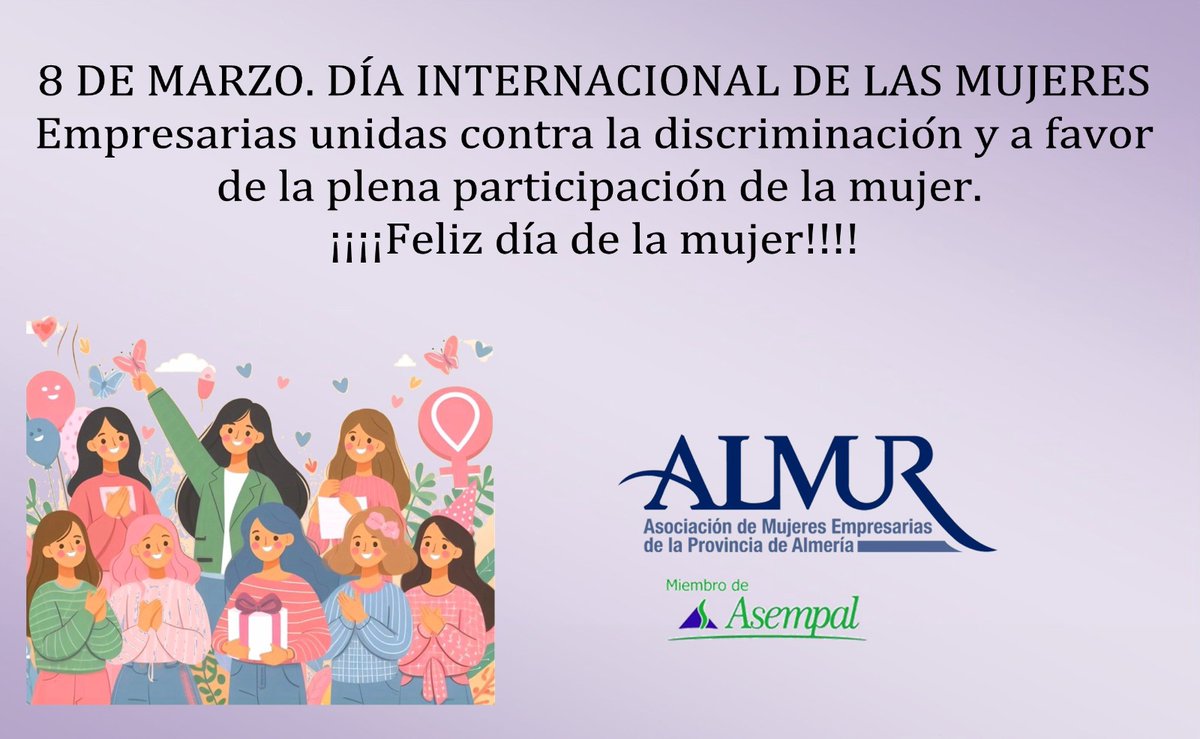 Desde #Almur os deseamos un ¡Feliz #DíaInternacionalDeLaMujer !
Empresarias unidas por la #igualdad. Trabajamos para fomentar la plena participación de la mujer en todos los ámbitos 
#8M2024