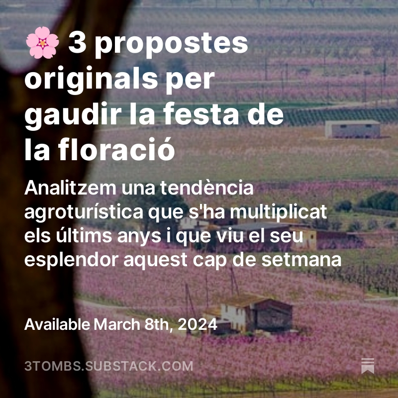 3TOMBS_'s tweet photo. 🌸 3 propostes originals per gaudir la festa de la floració

1⃣ La festa de @Fruiturisme d' @aj_Aitona i @cruillabcn 

2⃣ La ruta ciclista de @montmaneu494 a Serós

3⃣ El curs d’escriptura de @VicenLlorca a La Ribera en Flor @ccriberaebre 

https://t.co/uIYr4Xb2eG https://t.co/4EJ9NQv44G