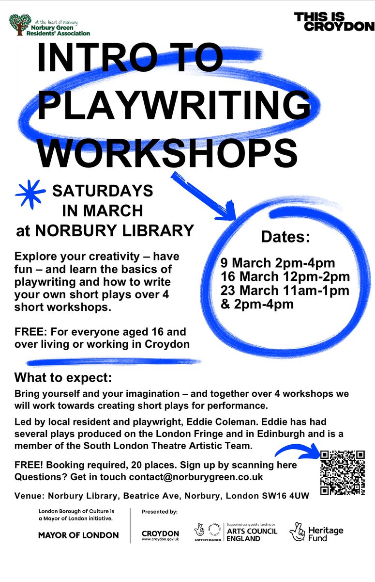 Fancy yourself as a writer ✍️ bring your imagination 💭 with you and check out the playwriting workshops taking place at Norbury Library starting on the 9th March #writing #lovenorbury @NorburyGreenRA @LoveNorburySW16 @Leila4Norbury @JasonForCroydon @HeritageFundUK @yourcroydon