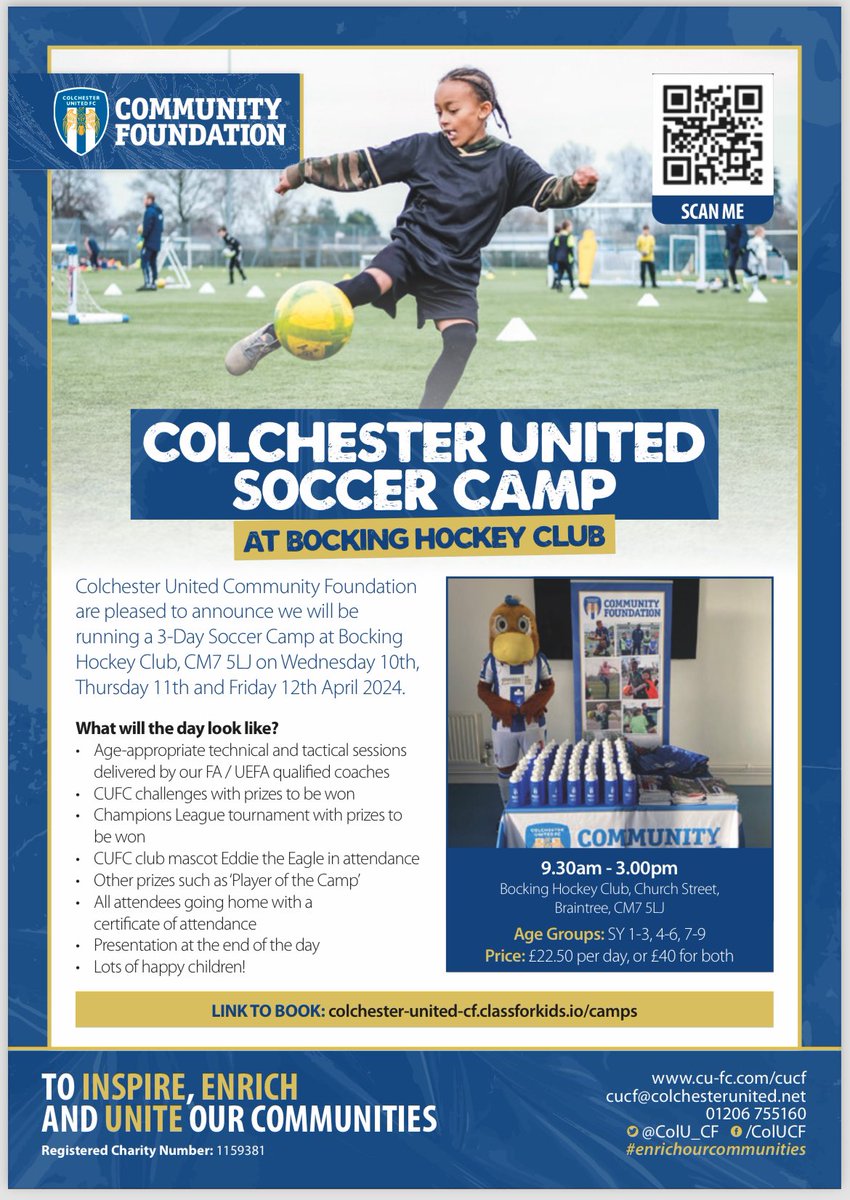 ⚽️Soccer Camp with Colchester Utd FC 🔵⚪️ - Easter Half Term ⚽️
📆 Wednesday 10, Thursday 11th &amp; Friday 12th April 2024

colchester-united-cf.classforkids.io/camps

Please like and share ⚽️😄👍

#HalfTerm #Football #FootballCamp #Ballers #Fun #Training #Learning #ColU <a href="/ColU_CF/">Colchester United Community Foundation</a> <a href="/EssexCountyFA/">Essex County FA</a>