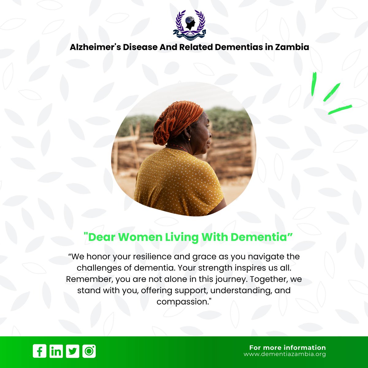 ADDIZambia's tweet photo. 𝐇𝐀𝐏𝐏𝐘 𝐈𝐍𝐓𝐄𝐑𝐍𝐀𝐓𝐈𝐎𝐍𝐀𝐋 𝐖𝐎𝐌𝐄𝐍𝐒’ 𝐃𝐀𝐘🌹💚

Did you know? Women experience higher disability-adjusted life years and mortality due to dementia, but also provide 70% of care hours for people living with dementia.
We appreciate all the women out there🌹 https://t.co/in7W9d5nRN