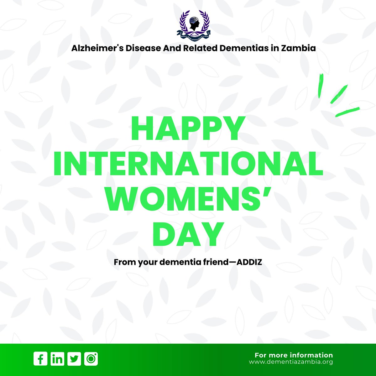 ADDIZambia's tweet photo. 𝐇𝐀𝐏𝐏𝐘 𝐈𝐍𝐓𝐄𝐑𝐍𝐀𝐓𝐈𝐎𝐍𝐀𝐋 𝐖𝐎𝐌𝐄𝐍𝐒’ 𝐃𝐀𝐘🌹💚

Did you know? Women experience higher disability-adjusted life years and mortality due to dementia, but also provide 70% of care hours for people living with dementia.
We appreciate all the women out there🌹 https://t.co/in7W9d5nRN
