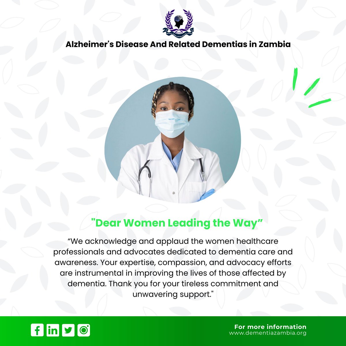 ADDIZambia's tweet photo. 𝐇𝐀𝐏𝐏𝐘 𝐈𝐍𝐓𝐄𝐑𝐍𝐀𝐓𝐈𝐎𝐍𝐀𝐋 𝐖𝐎𝐌𝐄𝐍𝐒’ 𝐃𝐀𝐘🌹💚

Did you know? Women experience higher disability-adjusted life years and mortality due to dementia, but also provide 70% of care hours for people living with dementia.
We appreciate all the women out there🌹 https://t.co/in7W9d5nRN