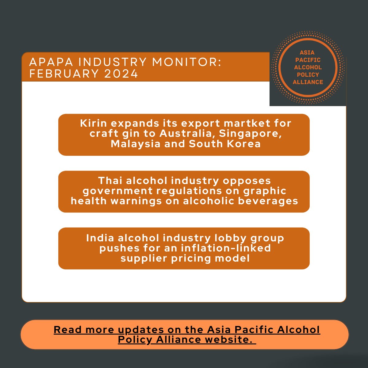 AsiaPacAPA's tweet image. Check out the highlights of APAPA's Industry Monitor for February 2024! For more #alcohol industry updates, check out the APAPA industry monitor page: sites.google.com/view/apalcohol…