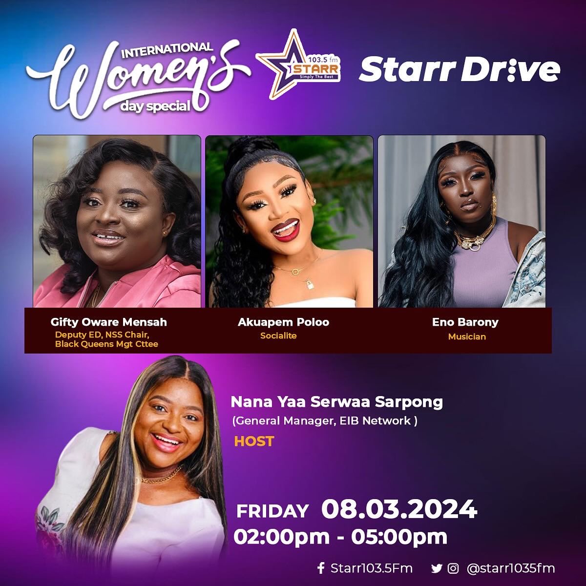 NANAYAASARPONG's tweet photo. Happy IWD to all Women.  😂 To see how I spend my day on IWD, please join me on STARR FM 103.5 as I host the Drive Time with one of Rapper Eno Barony, Actress Akuapem Poloo, and the boss lady Gifty Oware of the National Service Secretariat &amp; the Ghana Football Association. https://t.co/szl5mt6Su2