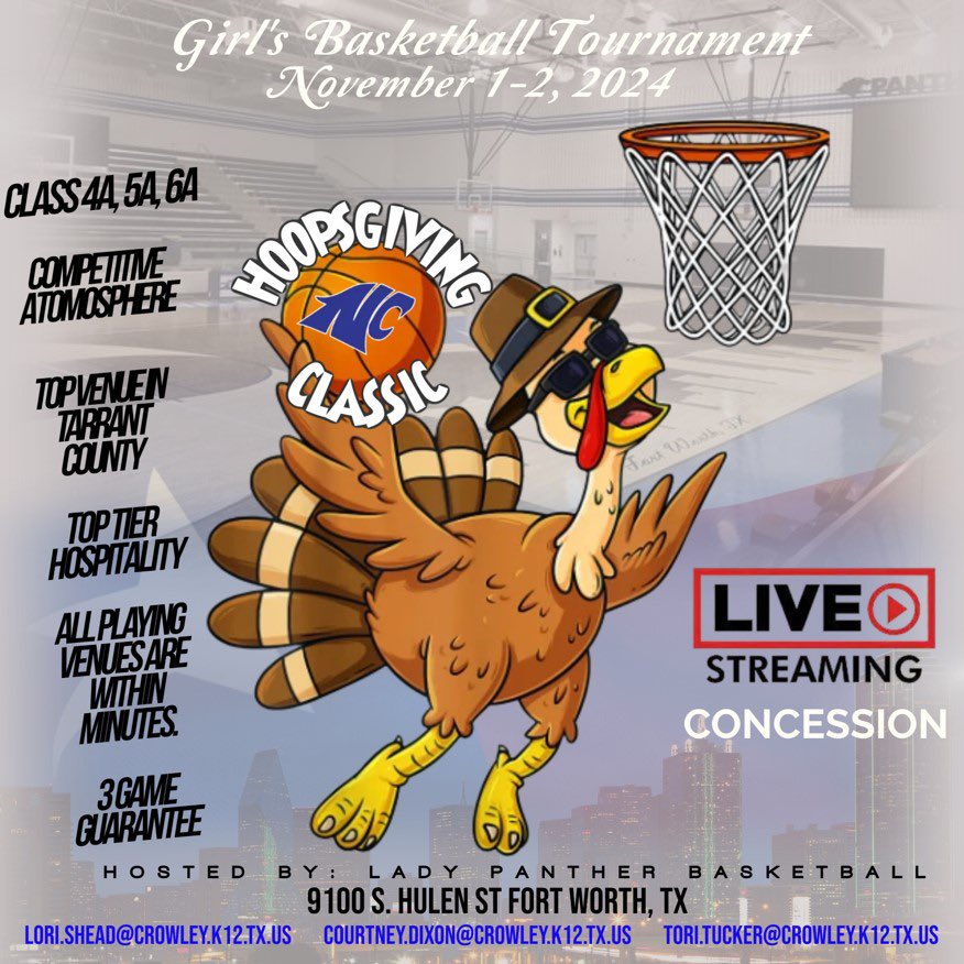 We will be hosting our first annual HoopsGiving Classic. We are looking for class 4A-6A who want to compete at a high level. Great hospitality, facilities, 3 game guarantee. Emails are attached.