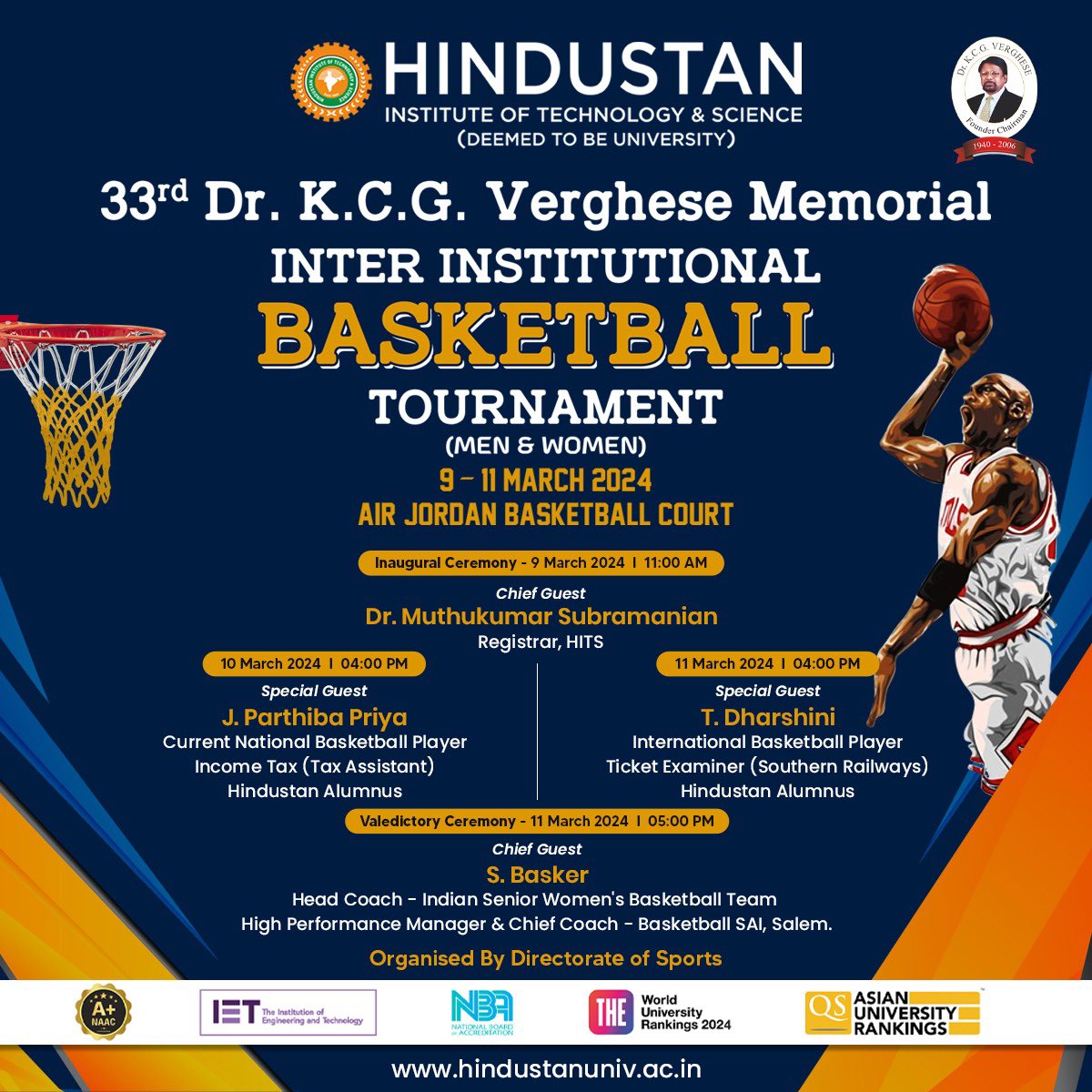 The 33rd Dr. KCG Verghese Memorial Inter Institutional Basketball Tournament is set to kick off, at HITS.
#HITS #MyHindustan #HindustanUniversity #Hindustangroupofinstitutions #growwithhindustan #dranandjacobverghese
#drkcgverghesememorial #basketballtournament #hitssports
