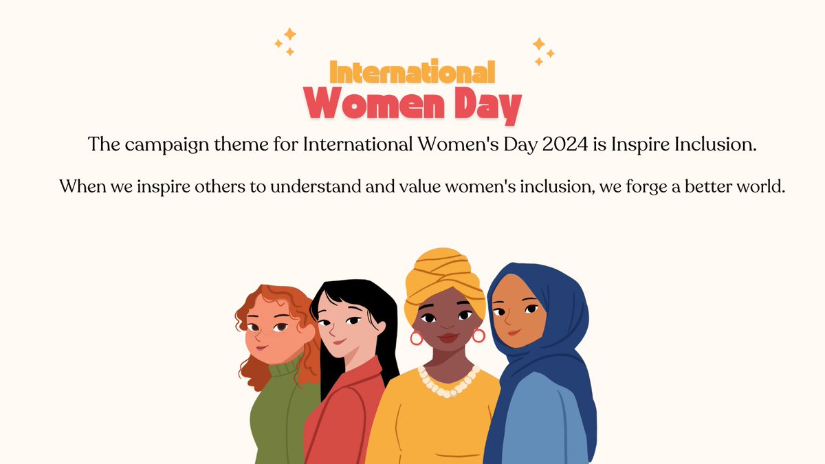 The campaign theme for International Women's Day 2024 is Inspire Inclusion. When we inspire others to understand & value women's inclusion, we forge a better world. And when women themselves are inspired to be included, there's a sense of belonging, relevance, and empowerment.