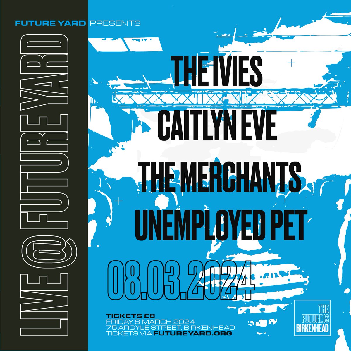 TONIGHT TONIGHT
Our social is back with free entry to tonights gig featuring a huge line up of @caitlyneve_, Unemployed Pet, @TheMerchants_UK and @iviesofficial.

Cath will also be around if you want to chat about how we can support you at @future_yard.

propeller.futureyard.org/programme/prop…