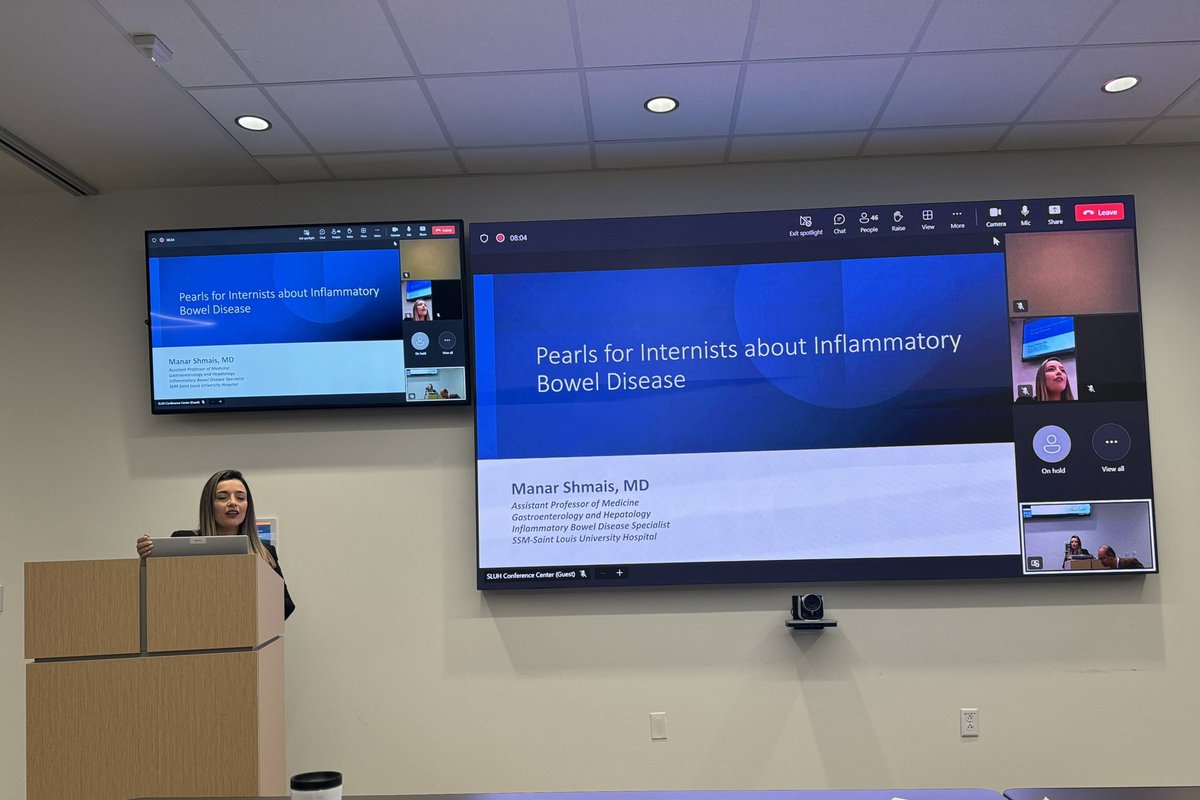 SLU Gastroenterology & Hepatology (@slugastro) on Twitter photo Dr. Manar Shmais <a href="/ShmaisManar/">Manar Shmais</a> with an outstanding presentation this morning at the Internal Medicine Grand Rounds 👏
<a href="/im_slu/">SLU Internal Medicine Residency</a> #GItwitter
“Pearls for Internists about IBD” Dr. Manar Shmais <a href="/ShmaisManar/">Manar Shmais</a> with an outstanding presentation this morning at the Internal Medicine Grand Rounds 👏
<a href="/im_slu/">SLU Internal Medicine Residency</a> #GItwitter
“Pearls for Internists about IBD”