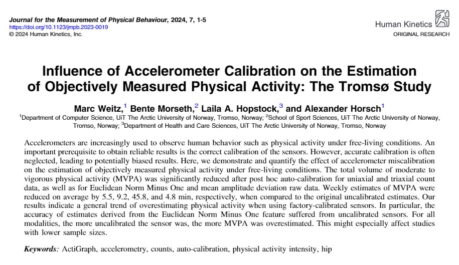 Discover the latest research from @JMPBjournal! Influence of Accelerometer Calibration on the Estimation of Objectively Measured Physical Activity: The Tromsø Study doi.org/10.1123/jmpb.2… #accelerometer #ActiGraph #exercisescience #exerciseresearch