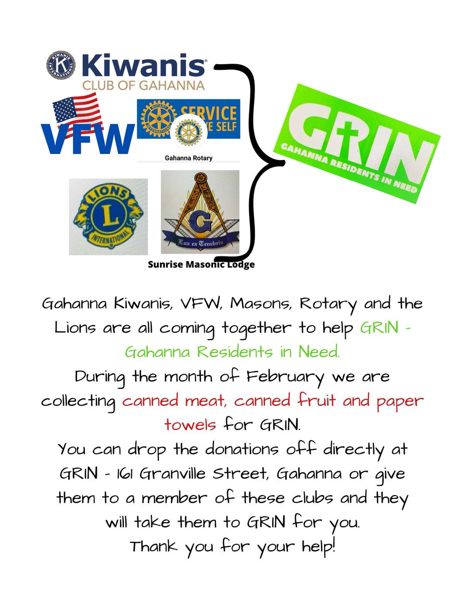 Totals are in:

Thanks to Kiwanis, Gahanna Rotary and VFW for donating food items/cleaning supplies and/or money to the pantry.  
• Kiwanis - 579.2 lbs 
• Gahanna Rotary - 143 lbs 
• VFW - 528 lbs
Thanks for your continued support!