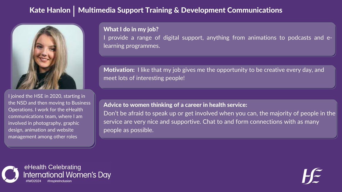 Celebrating #IWD2024 @KateHanlonHSE 'Don’t be afraid to speak up or get involved when you can, the majority of people in the service are very nice and supportive.'' #InspireInclusion Read about our #IWD2024 ambassadors➡️ pulse.ly/mwrjbipndc #eHealth4all @womensday