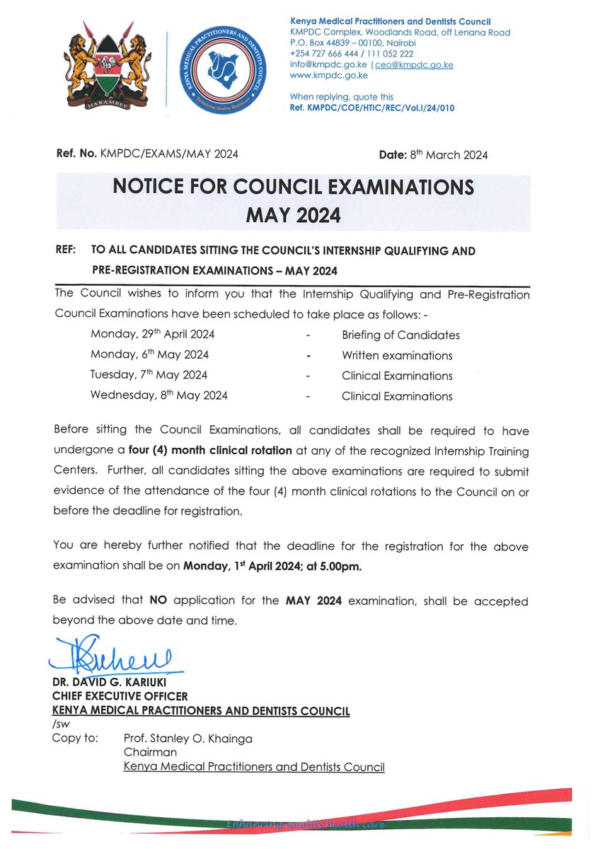 Notice for Council Examinations. @MOH_Kenya @KenyaMedics_KMA @kenyadental @KaphKaph2000 @RuphaKenya @HealthProfKE @ohakcoho @kammpofficial @KenyaHealthPOA