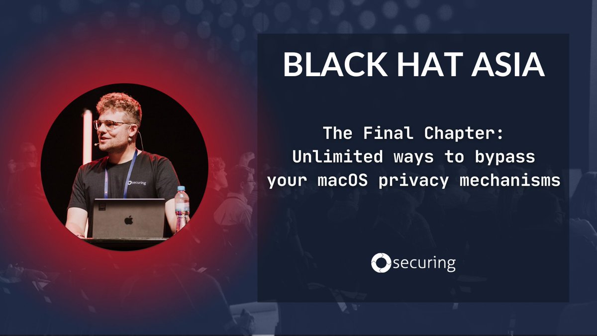 Meet us at @BlackHatEvents in Singapore on April 16-19! 🤝 Our IT security expert, @_r3ggi, together with @theevilbit, will talk about unlimited ways to bypass macOS privacy mechanisms. #BHASIA #itsec blackhat.com/asia-24/