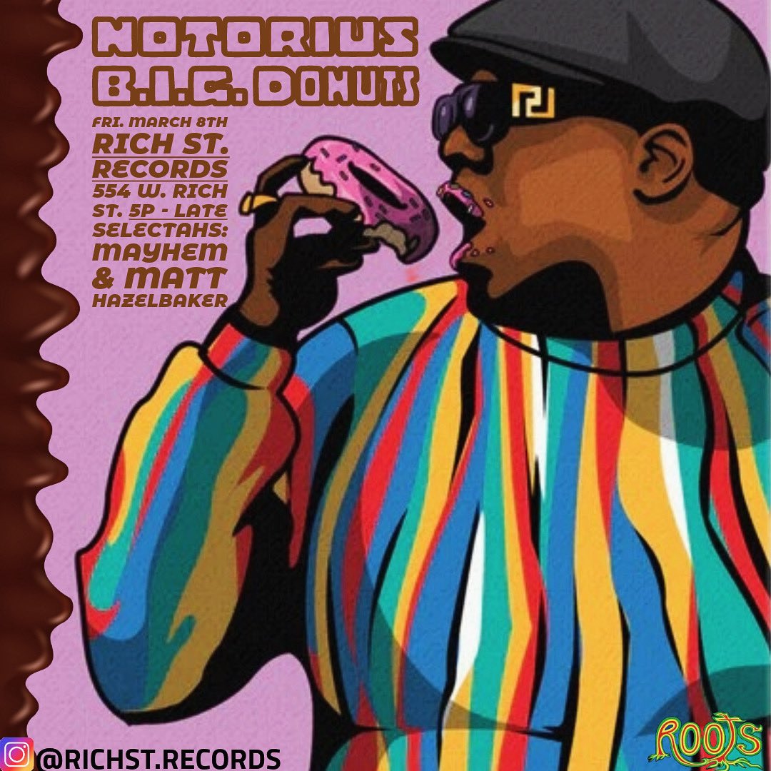 Tonight !! Biggie & J Dilla audio tributes with @Mayh3mtls & Matt Hazelbaker Rich St. Records 554 W Rich St 5p - late BYOB Bunch of records new & used hitting the bins today. Have a great Friday & safe weekend