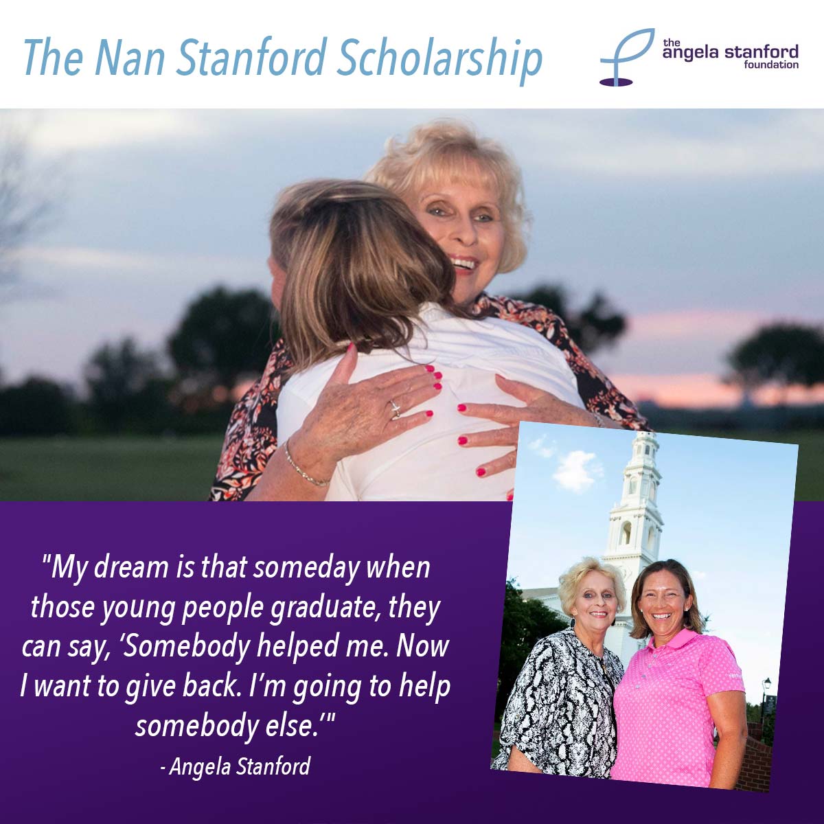 4ASFoundation's tweet image. In memory of Nan Stanford, @Angela_Stanford's mom, The Nan Stanford Scholarship is now open for applications! This $50,000 scholarship, paid over four years, is dedicated to supporting young adults who have lost a parent/guardian to cancer. Apply now: angelastanfordfoundation.org