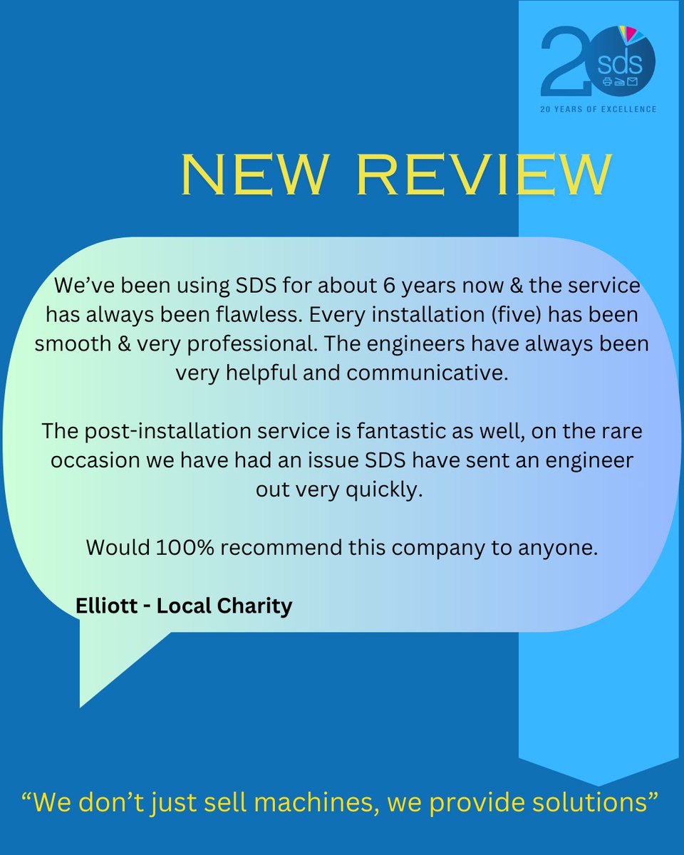 sdscopiers's tweet photo. Our amazing clients keep the positive reviews coming. This week it's from a local charity. We love helping organisations that do so much to help others, if you know of any charities that want to save money, we 'd be happy to offer a free no obligation review.  sales@sdsltd.uk.com https://t.co/PYRHmpZjrU