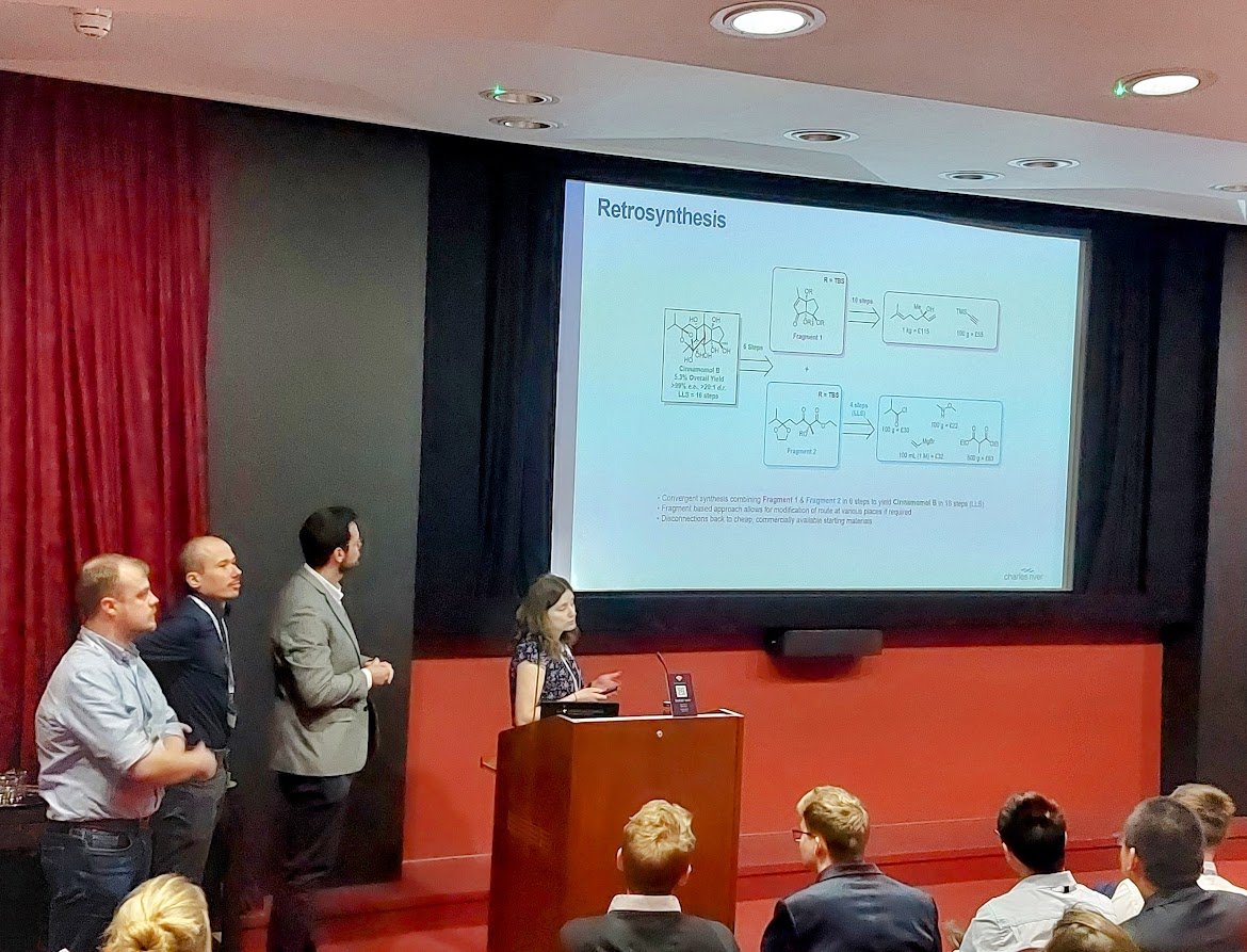 Next was Team 'If you like Pinacol-adas' from @CRiverLabs. The team presented a great convergent synthesis and cyclizative cathodic reduction of a gamma-keto-allene to a decorated trihydroxycyclopentene #UKRetroComp