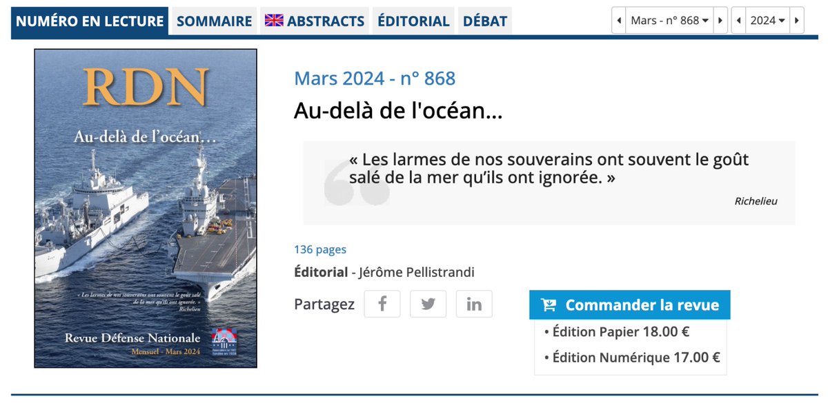 #VendrediLecture 📚 Le nouveau numéro de la RDN : Géopolitique des mers – « Au-delà de l'océan » est disponible 👉 Commande et abonnement sur notre site Internet defnat.com/sommaires/somm…