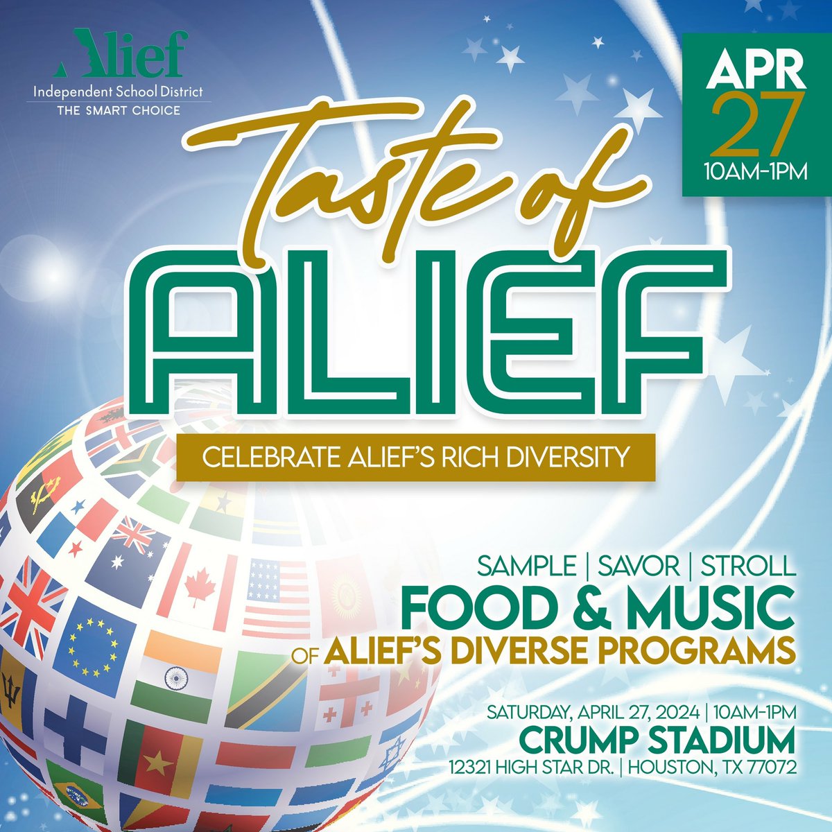 Join us for Taste of Alief! Sample, savor, and stroll through a celebration of our vibrant community's diversity at Crump Stadium on Saturday, April 27, from 10 am to 1 pm. Don't miss out on the delicious food and fantastic music! #TasteOfAlief