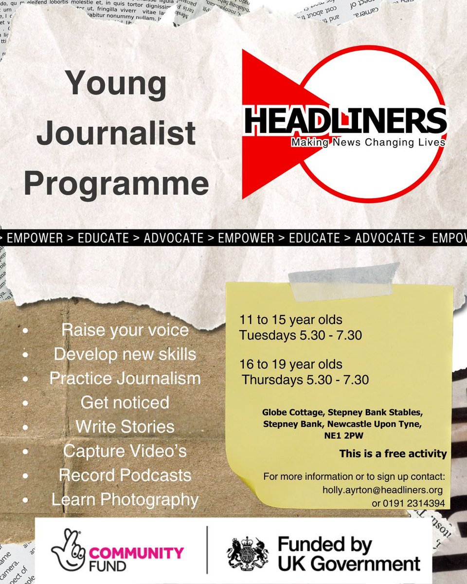 We are excited to announce that have been awarded funding from the Million Hours Fund we will be offering our Young Journalist Programme starting the 2nd of April in Newcastle, This is an open access youth session and a free activity for young people to attend. @TNLComFund @DCMS