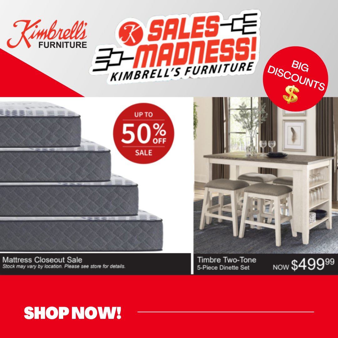 March into savings at Kimbrell's Furniture! Spruce up your space with our incredible Sales Madness discounts on a wide range of furniture and home decor. Embrace the vibrant colors of spring and let your home bloom with beauty!

kimbrells.com/sale